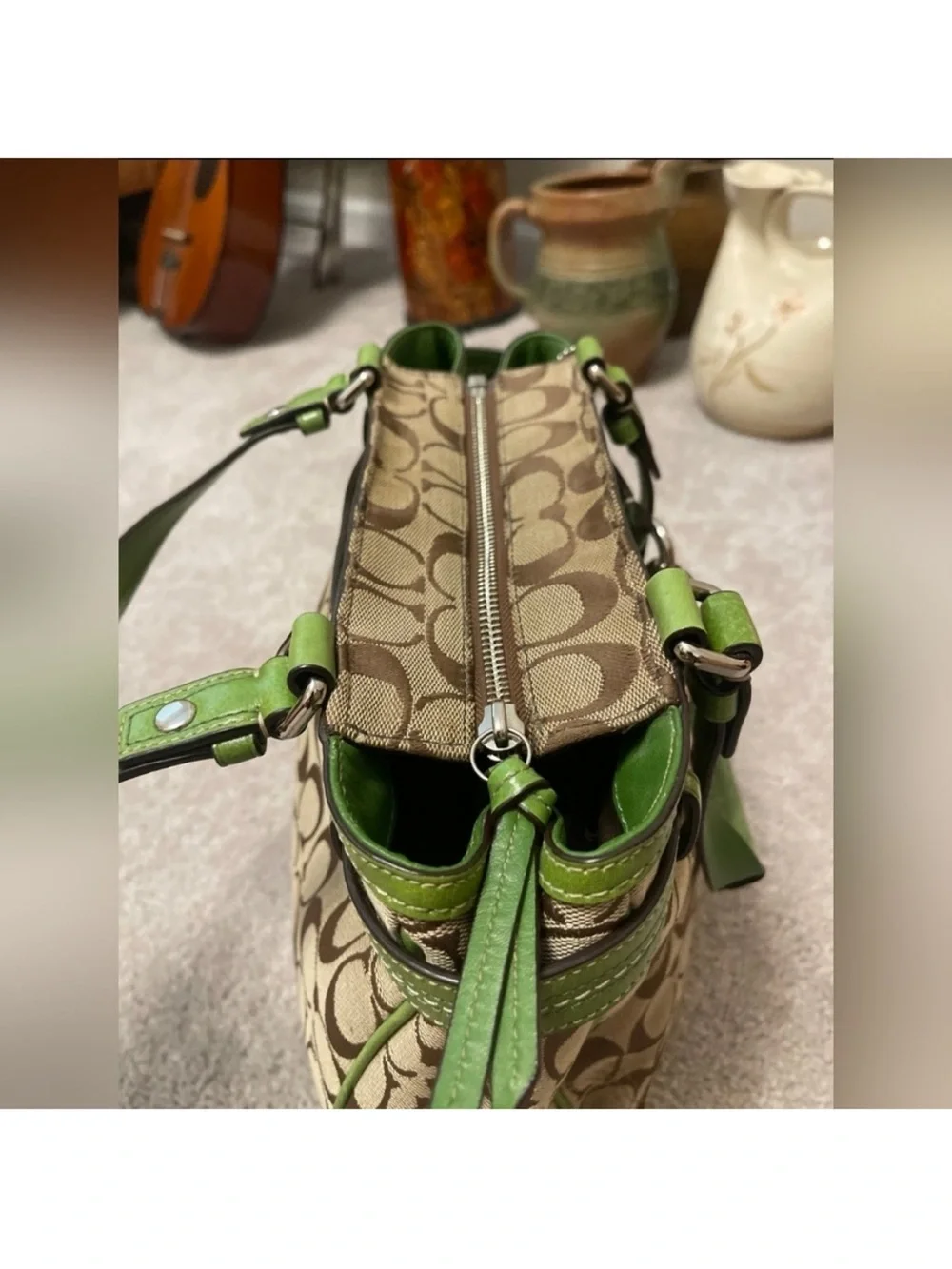 Coach Beige Signature Canvas Tote with Green Trim and Zebra Stripe